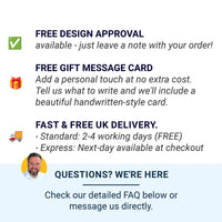 text and icons related to a free design approval, gift message card, fast and free UK delivery, and questions about the services.