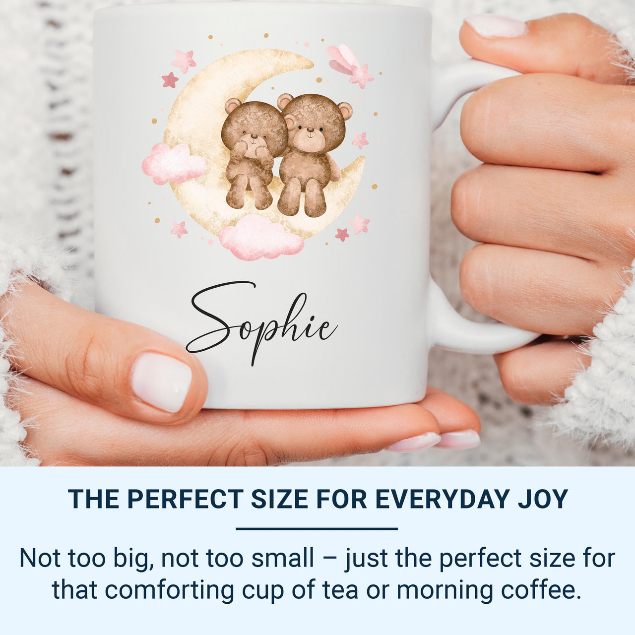Personalised Baby Name Mug – Moon, Stars and Teddy Bears with Script Name – Dreamy Nursery and New Mum Gift