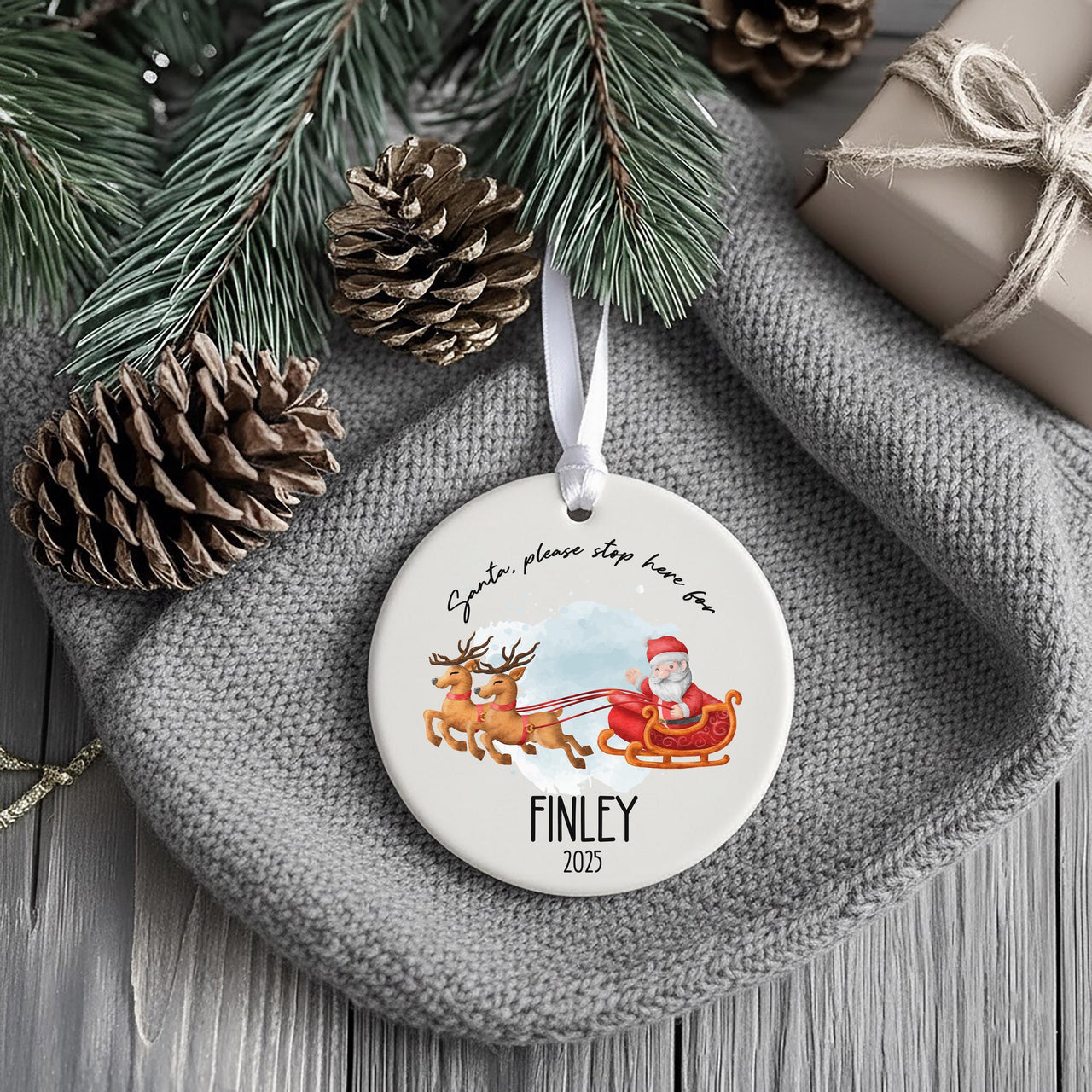 Personalised Santa Stop Here Christmas Ceramic Ornament, First Family Christmas Round Decoration, Xmas Keepsake, Gift for Kids, Home Bauble