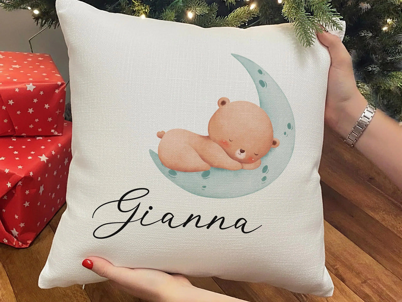 Personalised Baby Cushion - Sleeping Bear on Moon with Name