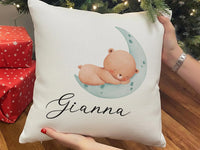 Personalised Baby Cushion - Sleeping Bear on Moon with Name