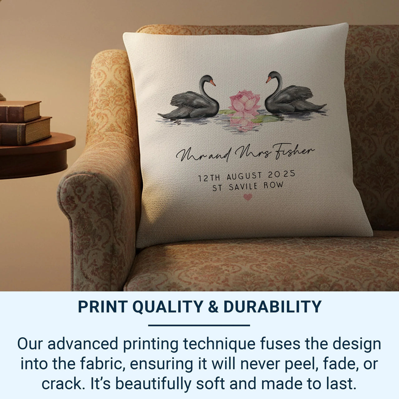 Personalised Wedding Cushion – Romantic Swan Motif Pillow | Custom Couple Gift DENMARY