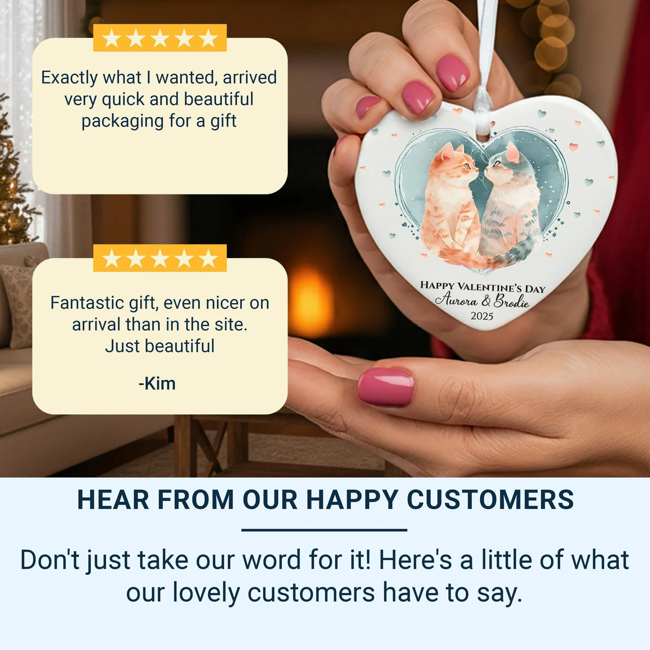 Valentine Cats Heart Ornament - Romantic Keepsake with Names for Cat Loving Couples