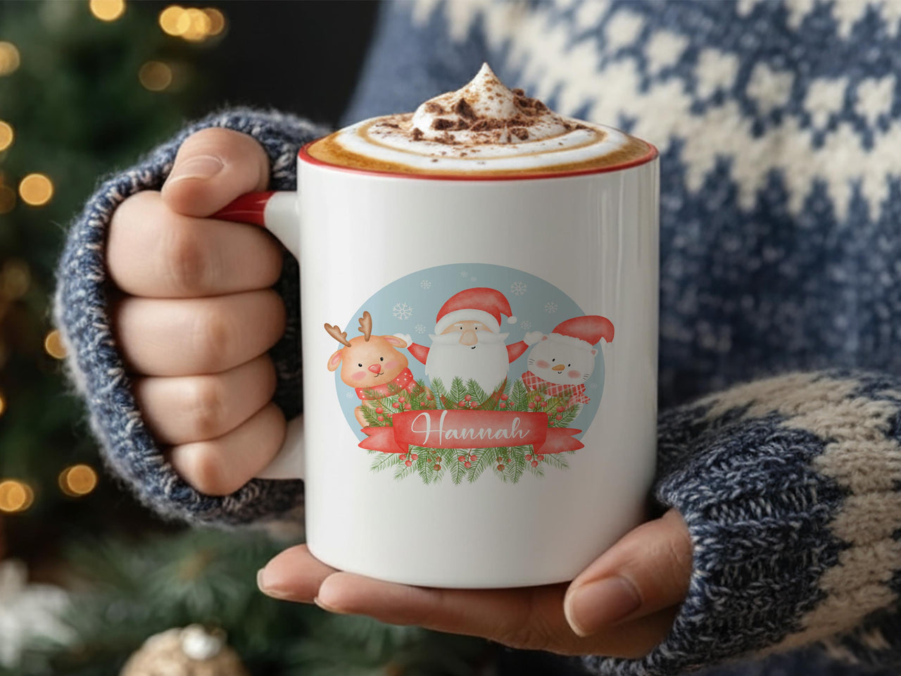 Personalised Christmas Name Mug – Santa, Reindeer and Festive Cat Scene with Ribbon – Family Holiday Morning Keepsake