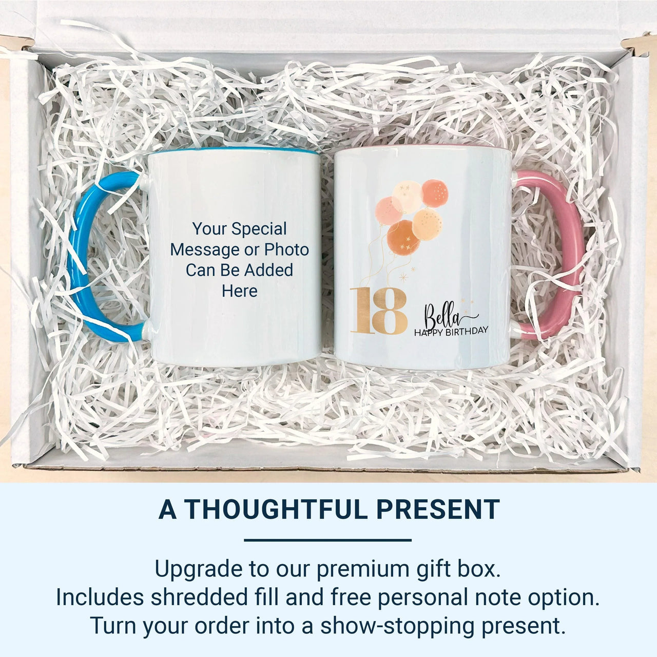 18th Birthday Balloons Mug – Personalised Name with Gold “18” and Pastel Stars – Party Morning Photo Prop and Milestone Keepsake