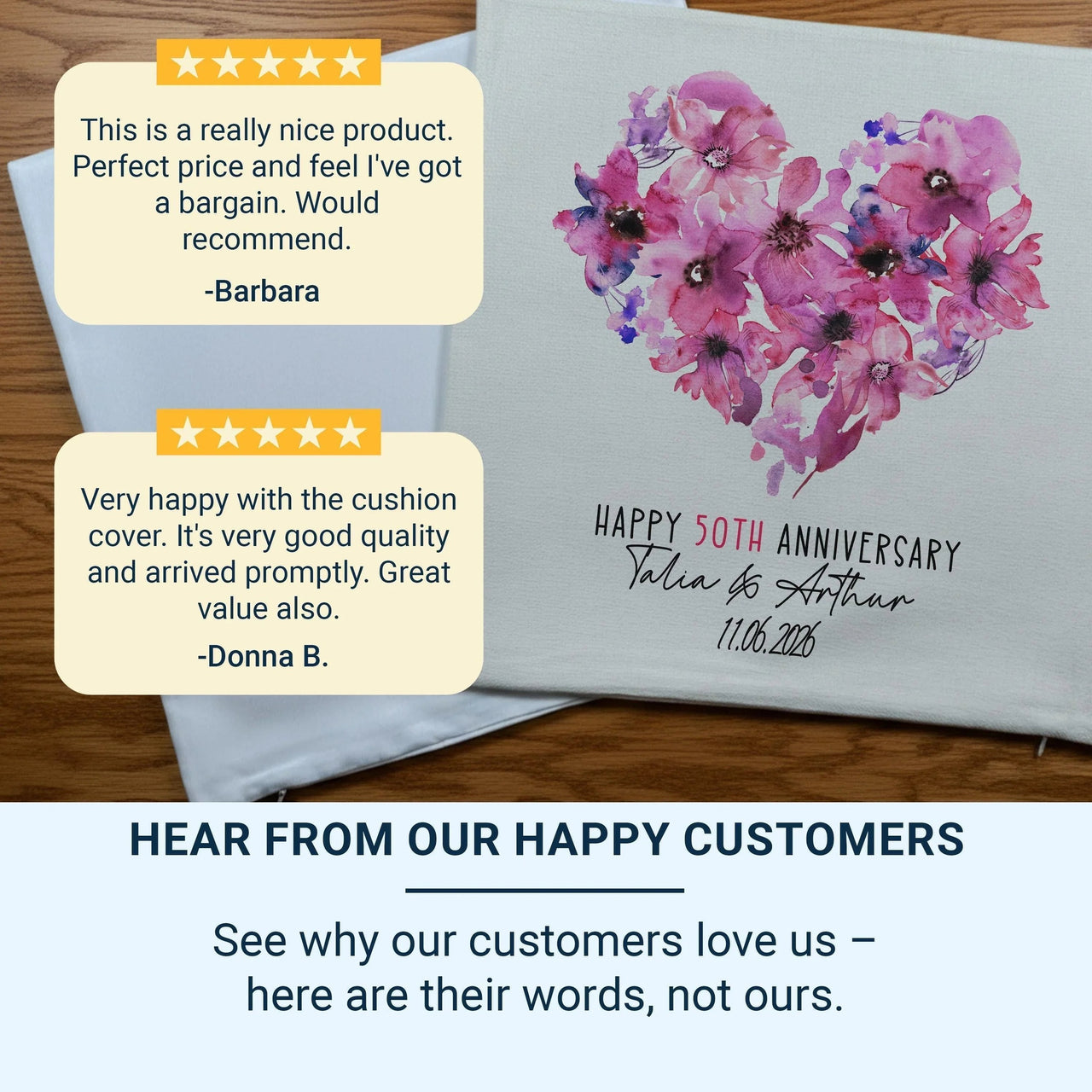 50th Anniversary Cushion – Personalised Sofa Cushion With Floral Heart Design