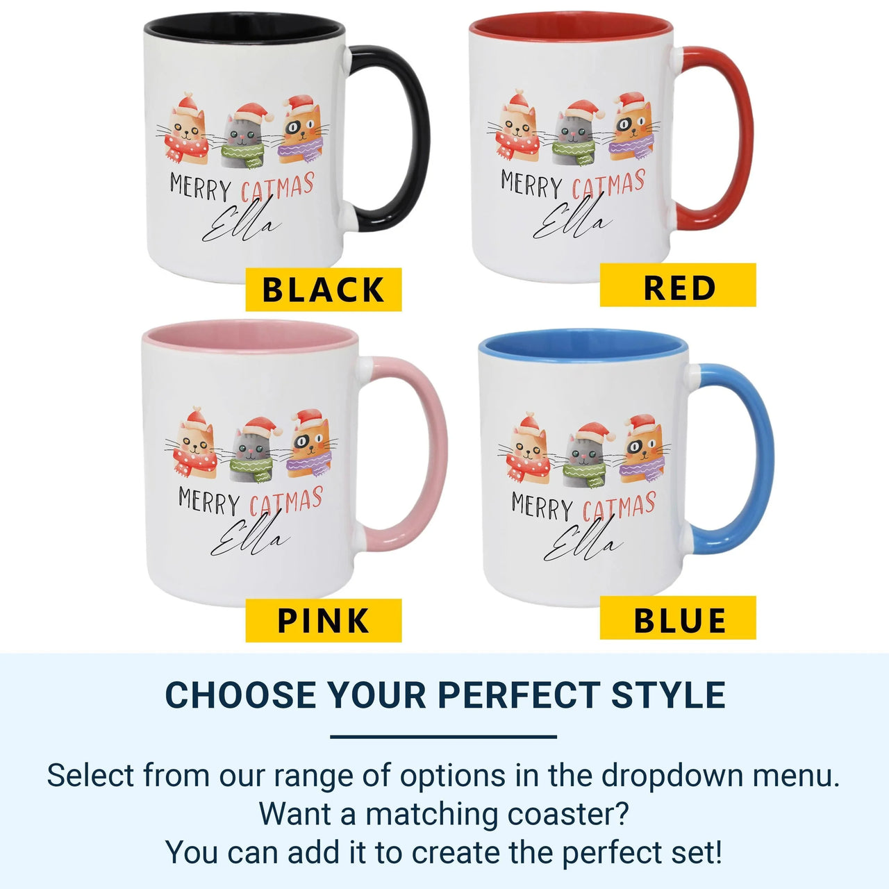 Personalised Cat Mug – Ceramic Coffee Mug with Festive Cats | Cat Owner Gift