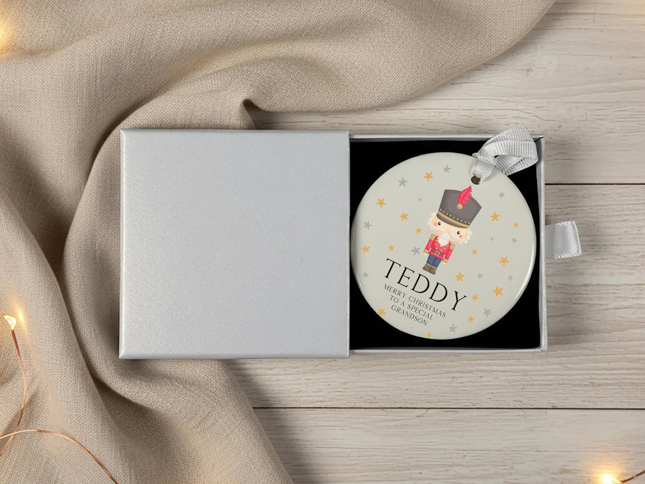 Personalised Christmas Nutcracker Round Ceramic Ornament, Christmas Tree Decoration, Custom Xmas Hanging Bauble, Gift for Kids, Baby Boy