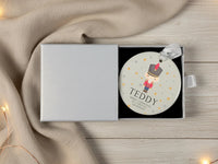 Personalised Christmas Nutcracker Round Ceramic Ornament, Christmas Tree Decoration, Custom Xmas Hanging Bauble, Gift for Kids, Baby Boy