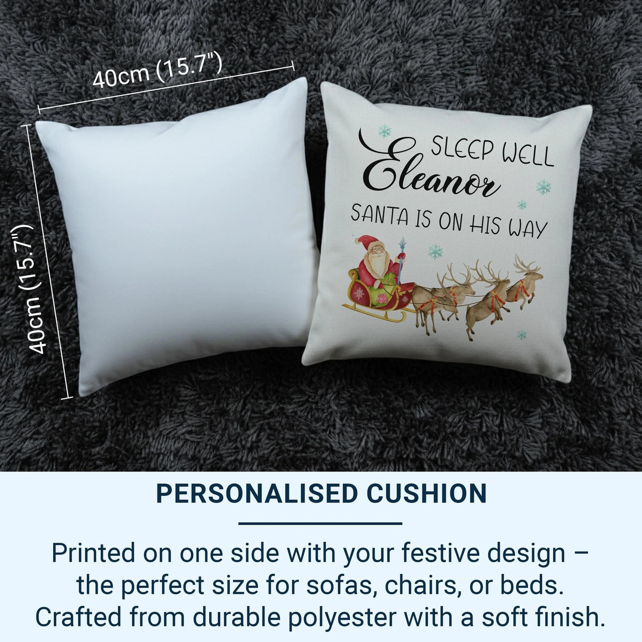 Personalised Christmas Cushion – Santa Sleigh Cushion with Custom Name & Plush Pillow