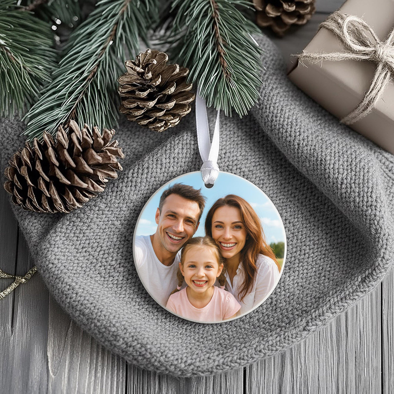 Custom Photo Christmas Ornament - Round Ceramic Decoration | Personalise with Your Picture | Family and Friends Gift