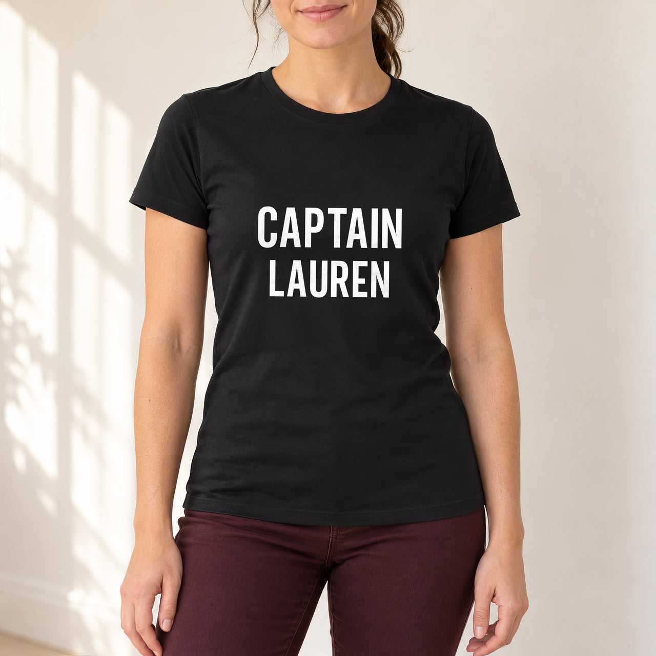 Captain Iron-On Transfer - Personalised Name Design, shown on a black t-shirt