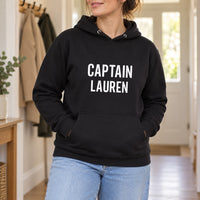Captain Iron-On Transfer - Personalised Name Design, shown on a black hoodie