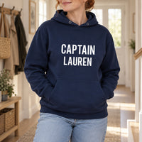 Captain Iron-On Transfer - Personalised Name Design, shown on a navy hoodie