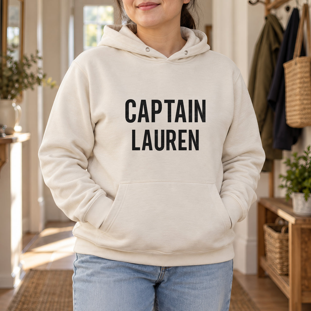 Captain Iron-On Transfer - Personalised Name Design, shown on a natural hoodie