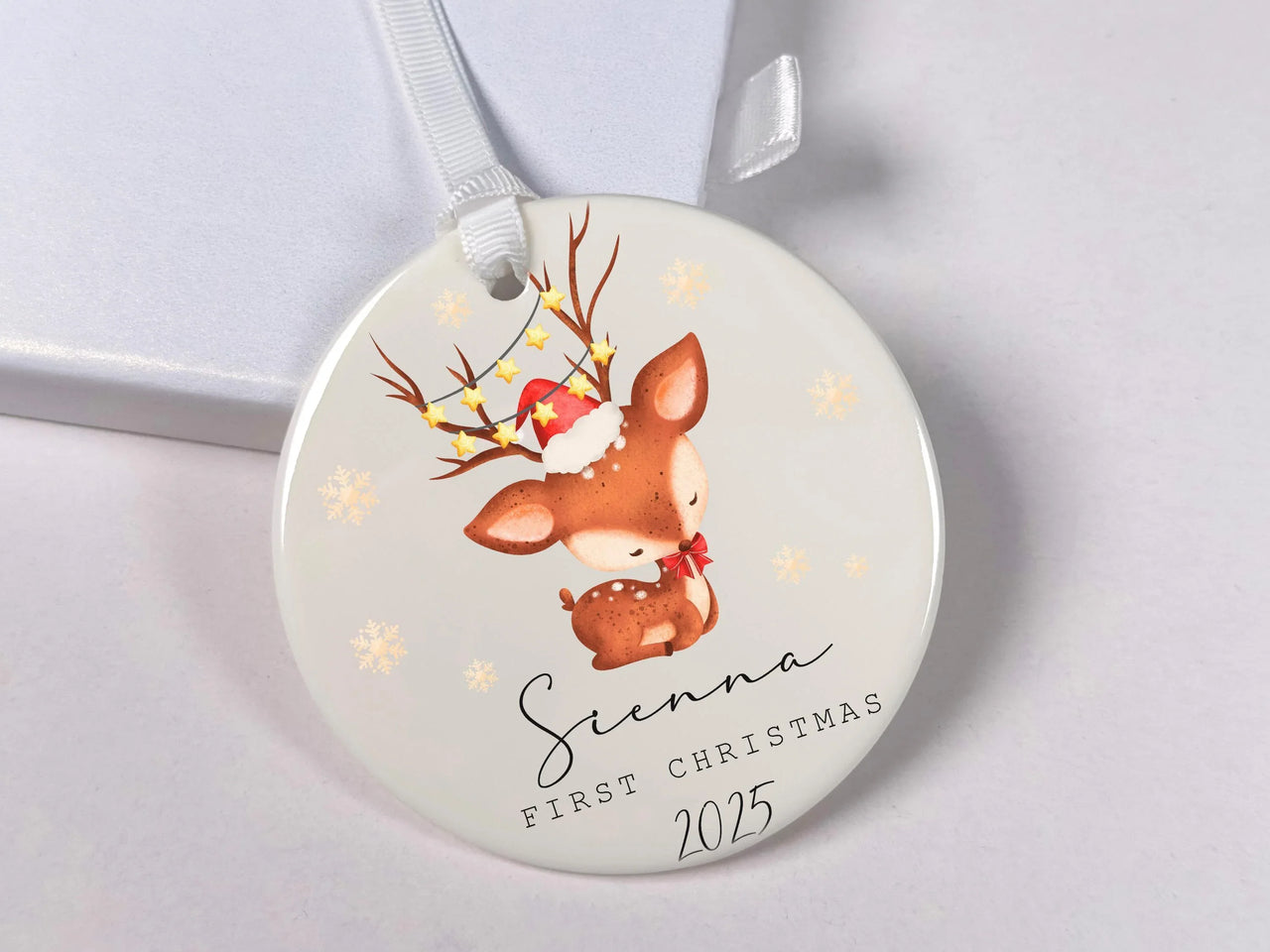 Personalised First Christmas Ornament - Funny Reindeer Ceramic Decoration - Stocking Filler - Baby's Xmas Keepsake - Boy or Girl Gift