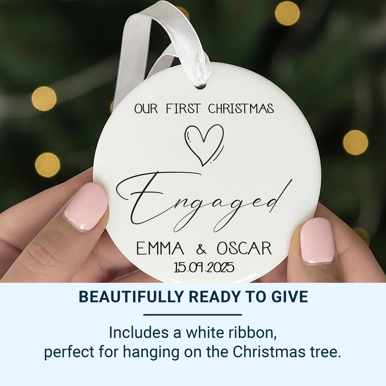 Our First Christmas Engaged Personalised Ornament, Engagement Minimalist Christmas Bauble, Present for Bride and Groom, 1st Christmas Decor