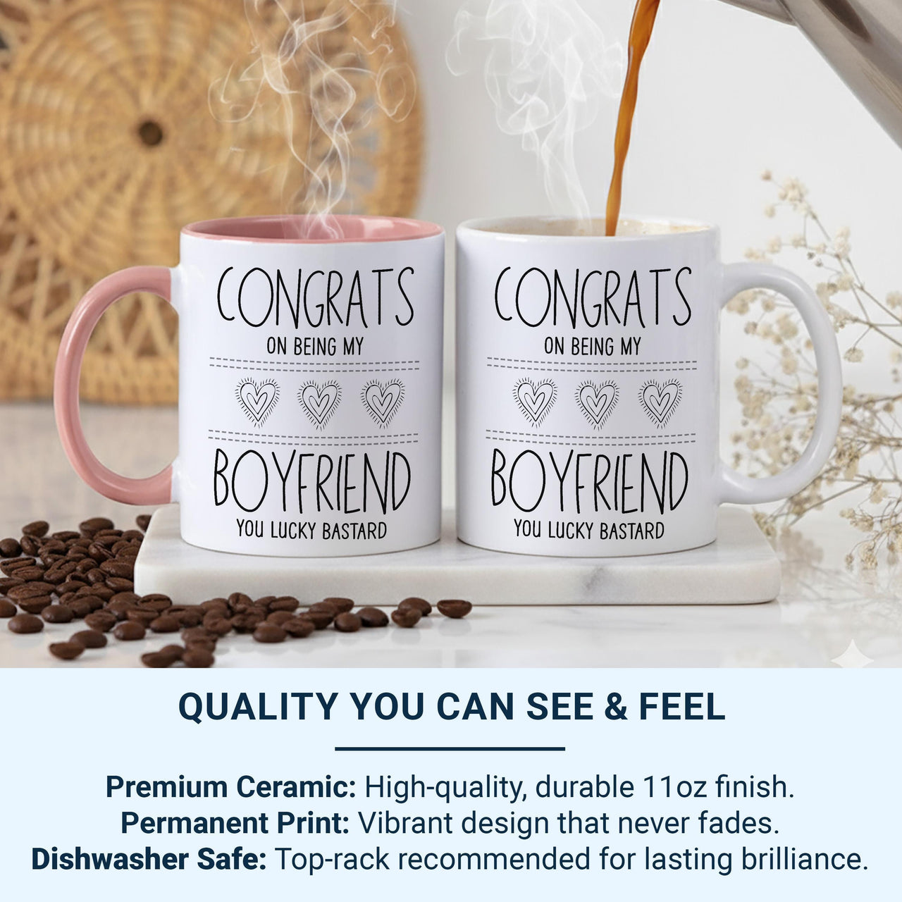 Funny Boyfriend Mug – “Congrats on Being My Boyfriend, You Lucky B***ard” – Cheeky Romantic Gift for Anniversary and Valentine’s