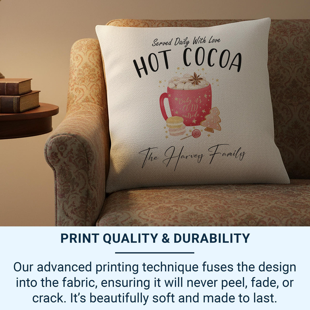 Personalised Hot Cocoa Cushion - Whimsical Christmas Keepsake with Family Name & Sweet Treats