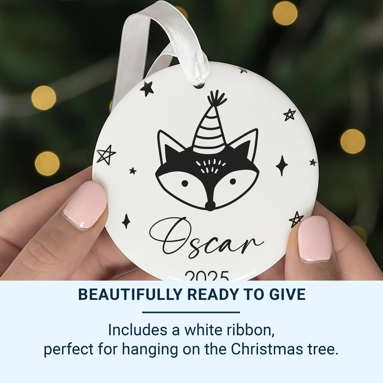 Fox Party Ornament - Playful Kids Keepsake with Stars & Name for Christmas Tree