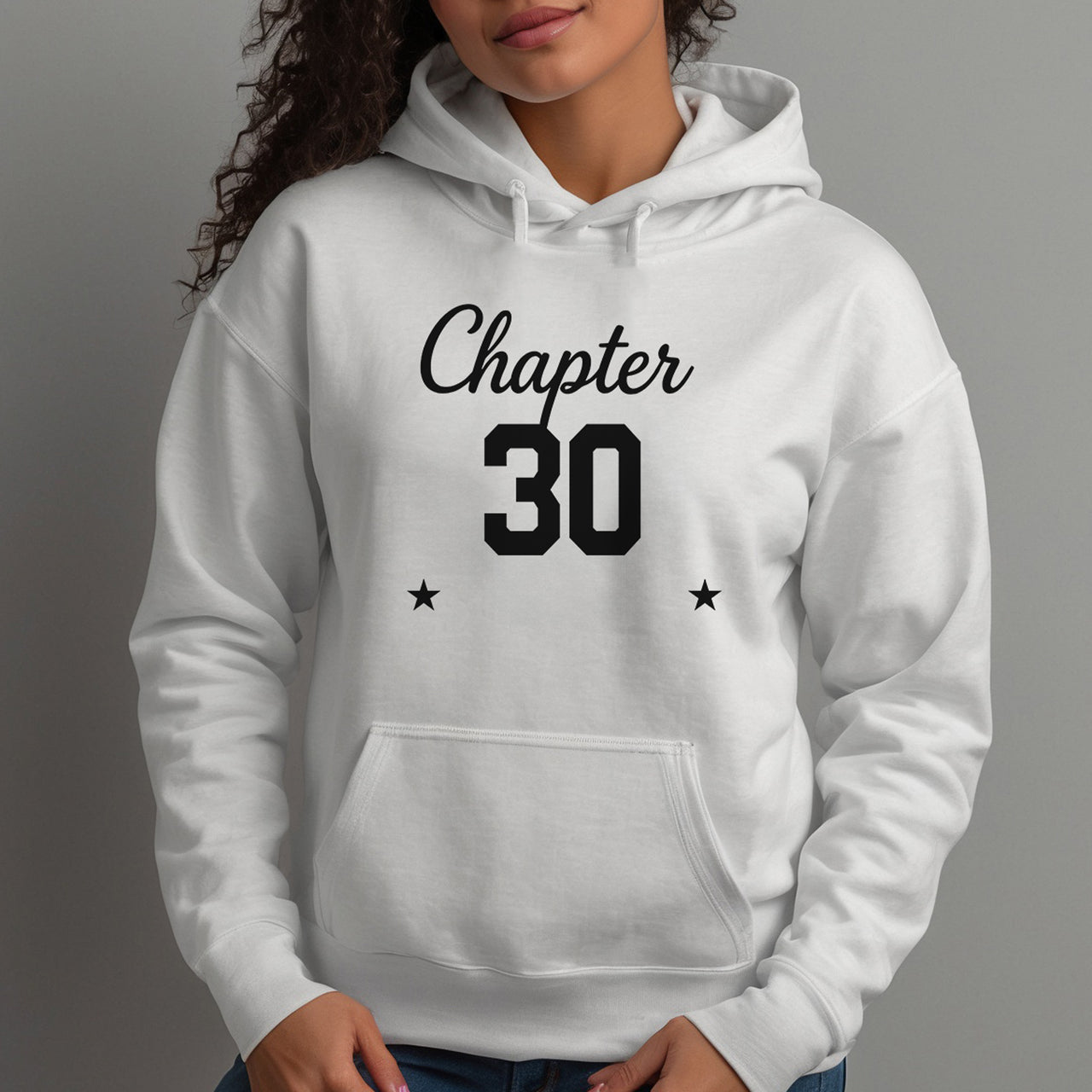 Chapter 30 Iron-On Transfer shown on a hoodie