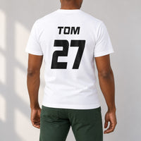 White T-shirt with the Charity Match Name and Number design printed on the back