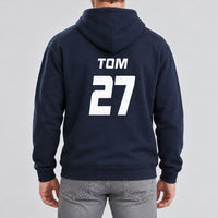 Navy hoodie with the Charity Match Name and Number design printed on the back