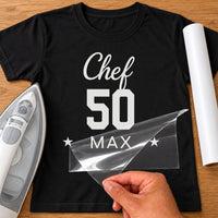 Black T-shirt with white script 'Chef', number '50' and 'MAX' between stars - personalised iron-on vinyl transfer