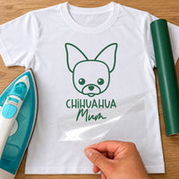 White T-shirt with green line-art chihuahua face and 'CHIHUAHUA Mum' lettering - iron-on vinyl transfer