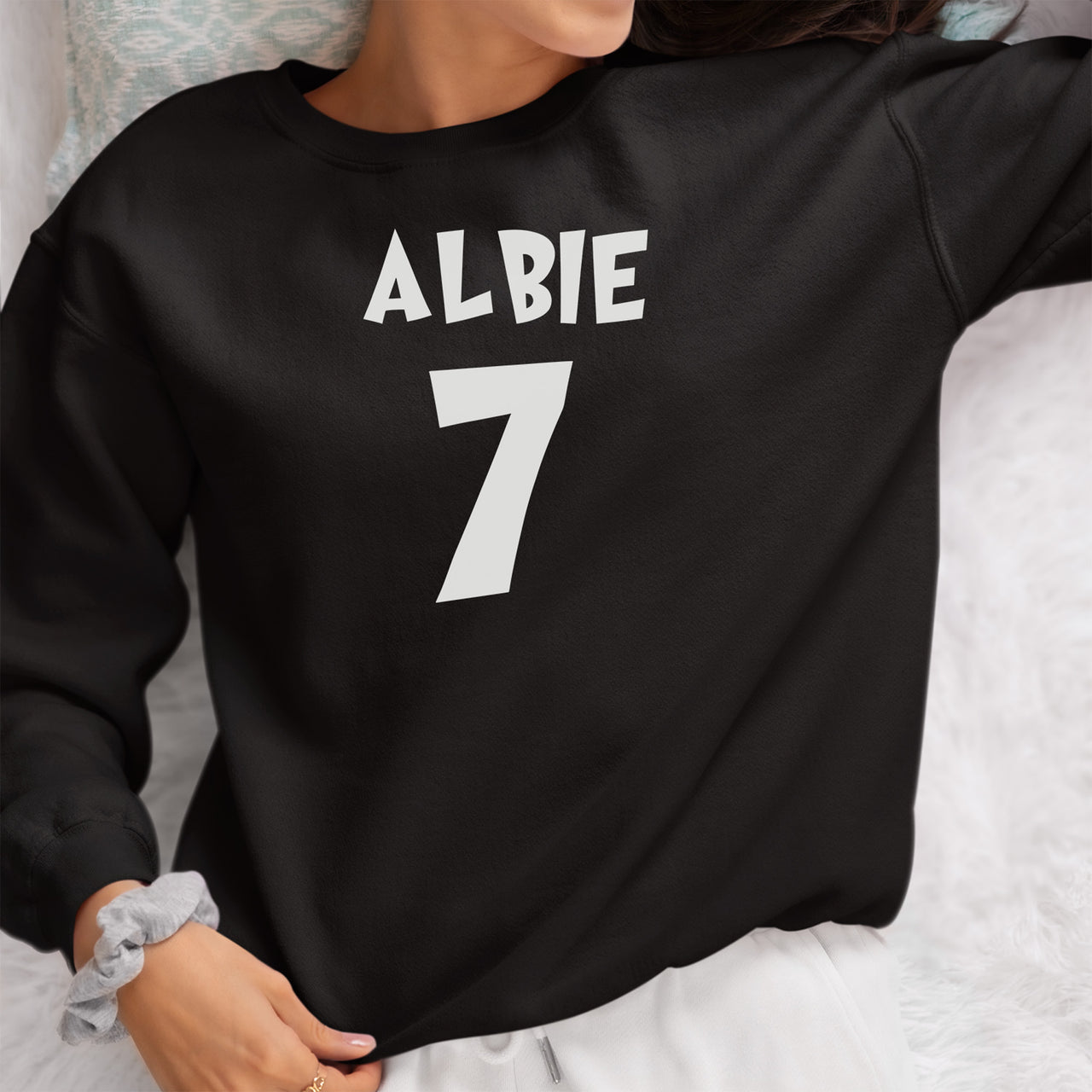 Child's Birthday Name Iron-On Transfer shown on a sweatshirt