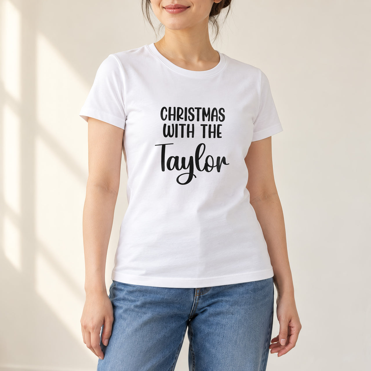 Christmas With The Family Iron-On Transfer, shown on a white t-shirt
