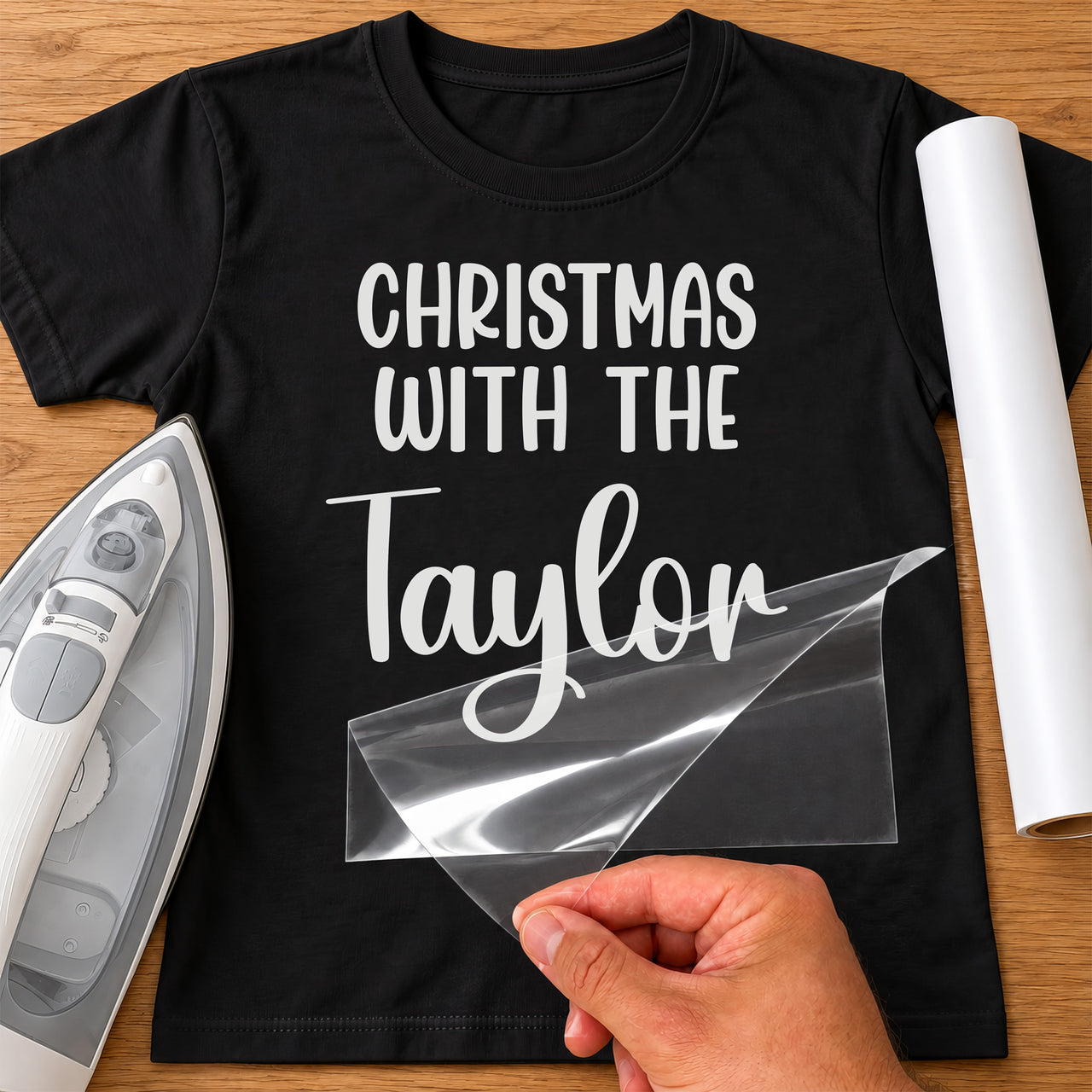 Christmas With The Family iron-on transfer: white CHRISTMAS WITH THE Taylor on a black T-shirt, film being peeled