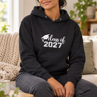 Black hoodie with the Class Of Year Grad Cap design printed on the chest
