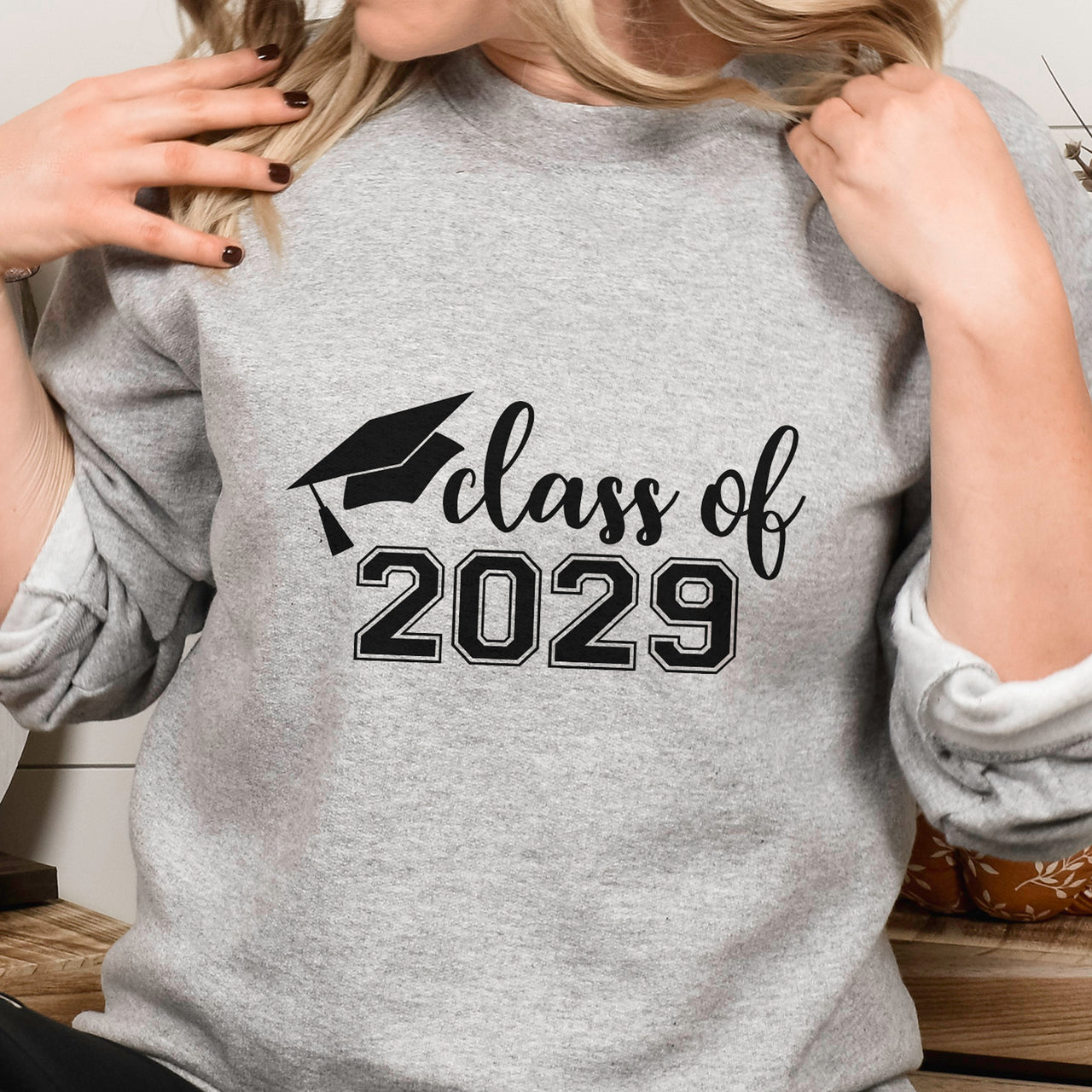 Class Of Graduation Year Iron-On Transfer shown on a sweatshirt