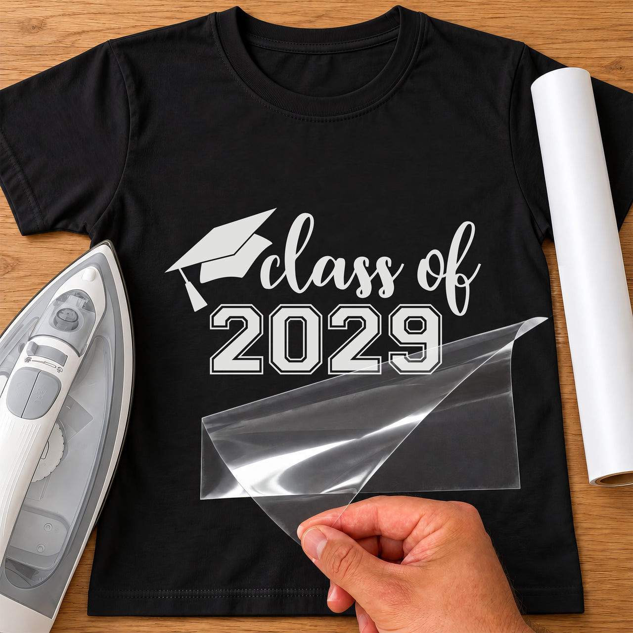 Black T-shirt with white 'class of 2029' lettering and graduation cap, carrier film being peeled off - iron-on vinyl transfer