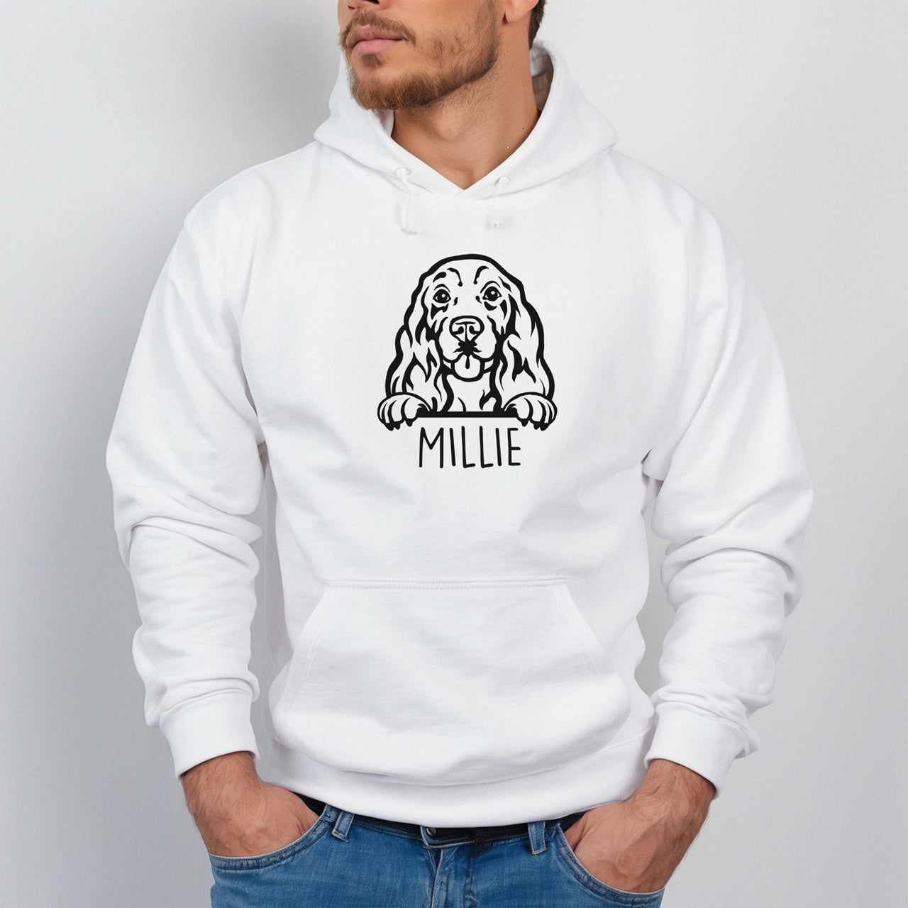 Cocker Spaniel Iron-On Transfer - Personalised Pet Name Design shown on a hoodie