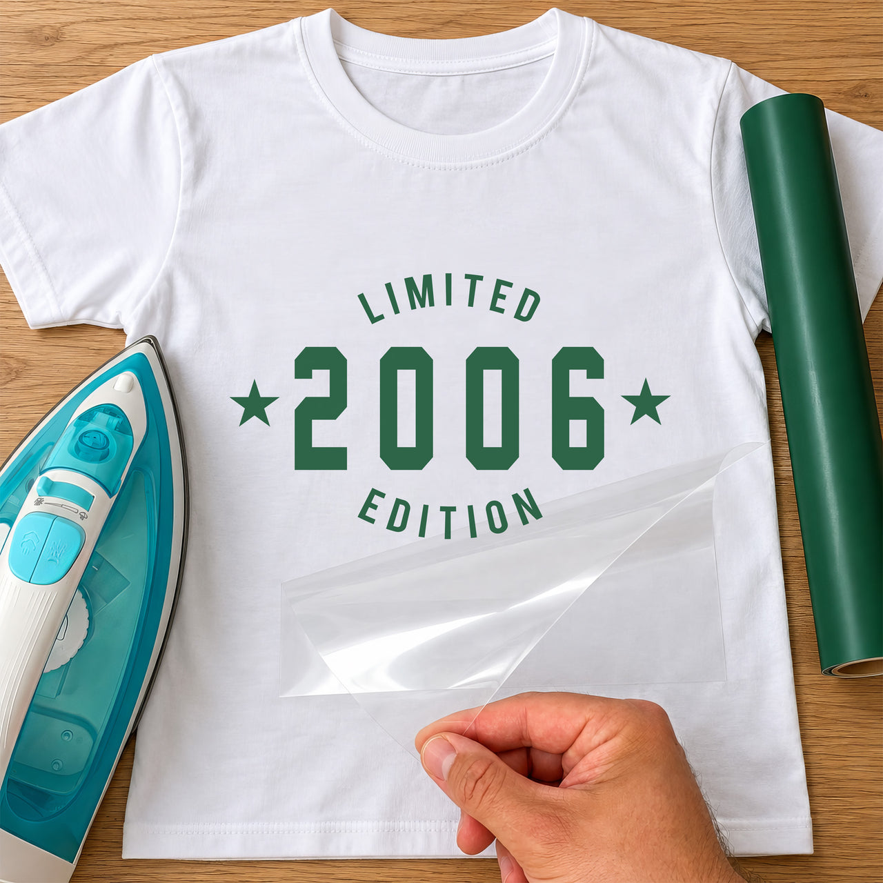 White T-shirt with green 'LIMITED 2006 EDITION' badge with two stars - personalised birth year iron-on vinyl transfer