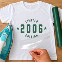 White T-shirt with green 'LIMITED 2006 EDITION' badge with two stars - personalised birth year iron-on vinyl transfer