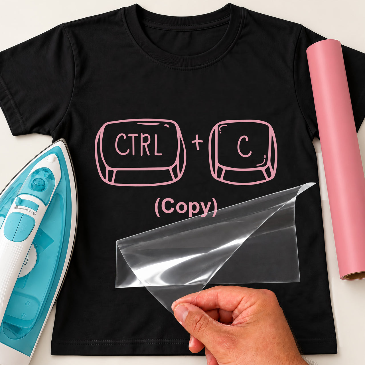 Black T-shirt with pink 'CTRL + C (Copy)' keyboard keys iron-on transfer, iron and pink vinyl roll