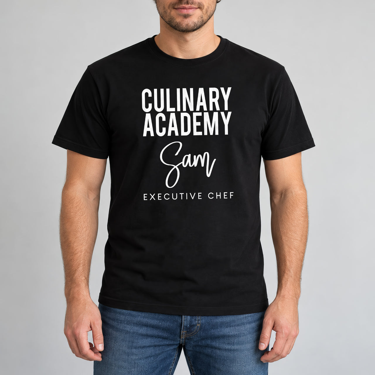 Culinary Academy Executive Chef Badge Iron-On Transfer, shown on a black t-shirt