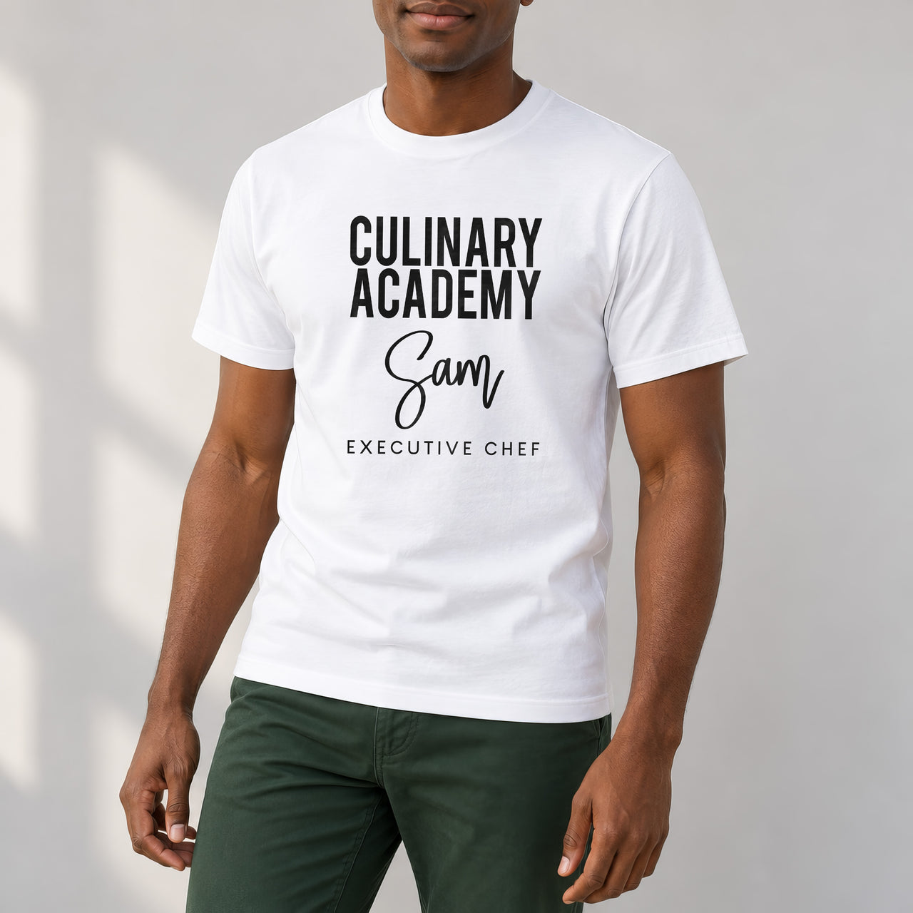 Culinary Academy Executive Chef Badge Iron-On Transfer, shown on a white t-shirt