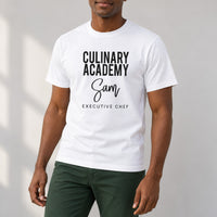 Culinary Academy Executive Chef Badge Iron-On Transfer, shown on a white t-shirt
