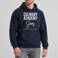 Culinary Academy Executive Chef Badge Iron-On Transfer, shown on a navy hoodie
