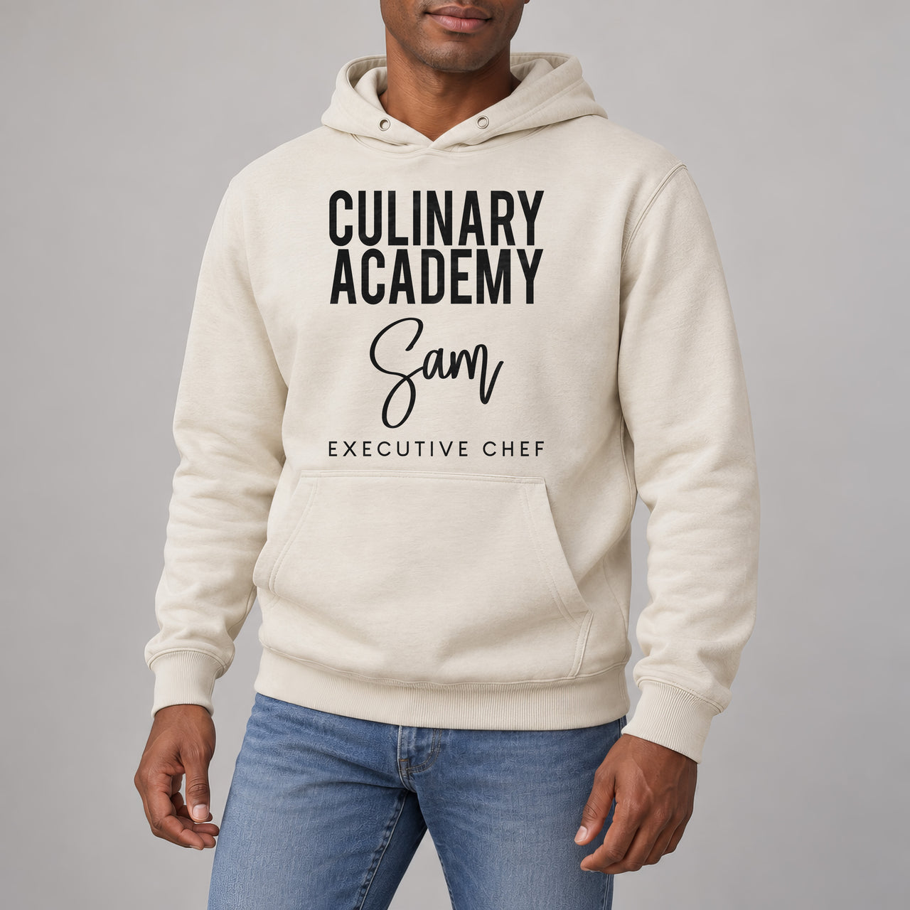 Culinary Academy Executive Chef Badge Iron-On Transfer, shown on a natural hoodie