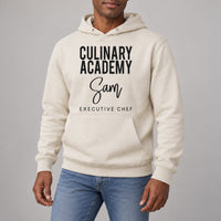 Culinary Academy Executive Chef Badge Iron-On Transfer, shown on a natural hoodie