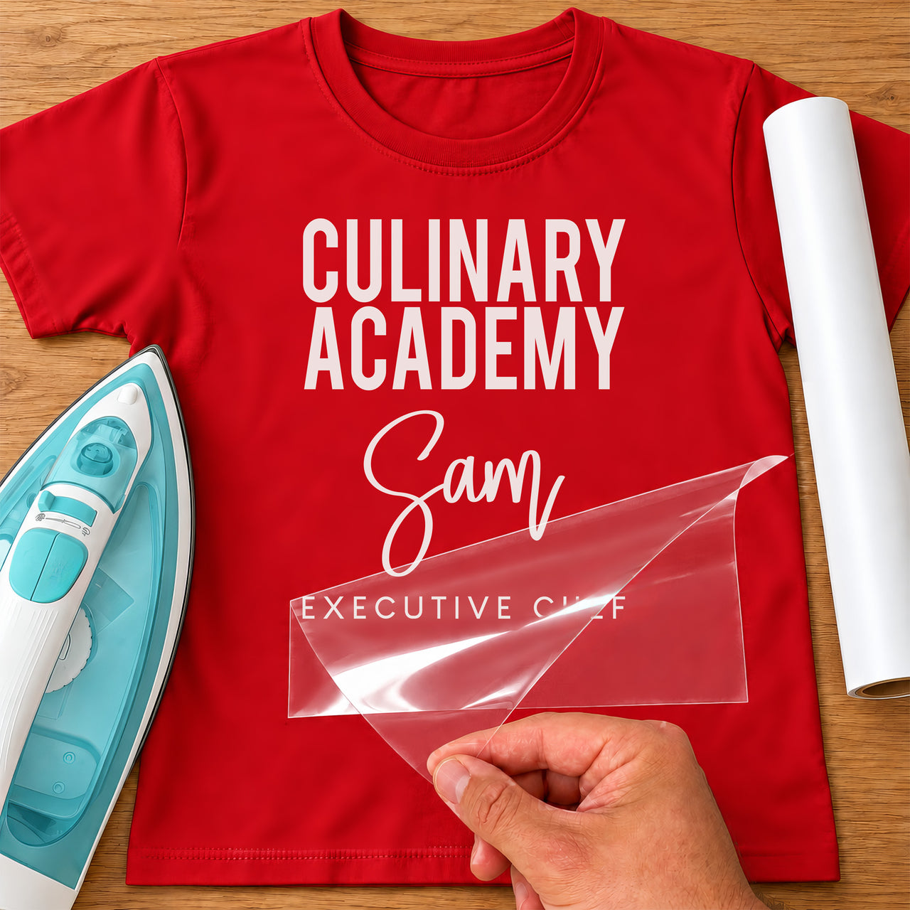 Executive Chef iron-on transfer: white CULINARY ACADEMY Sam EXECUTIVE CHEF on a red T-shirt, film being peeled