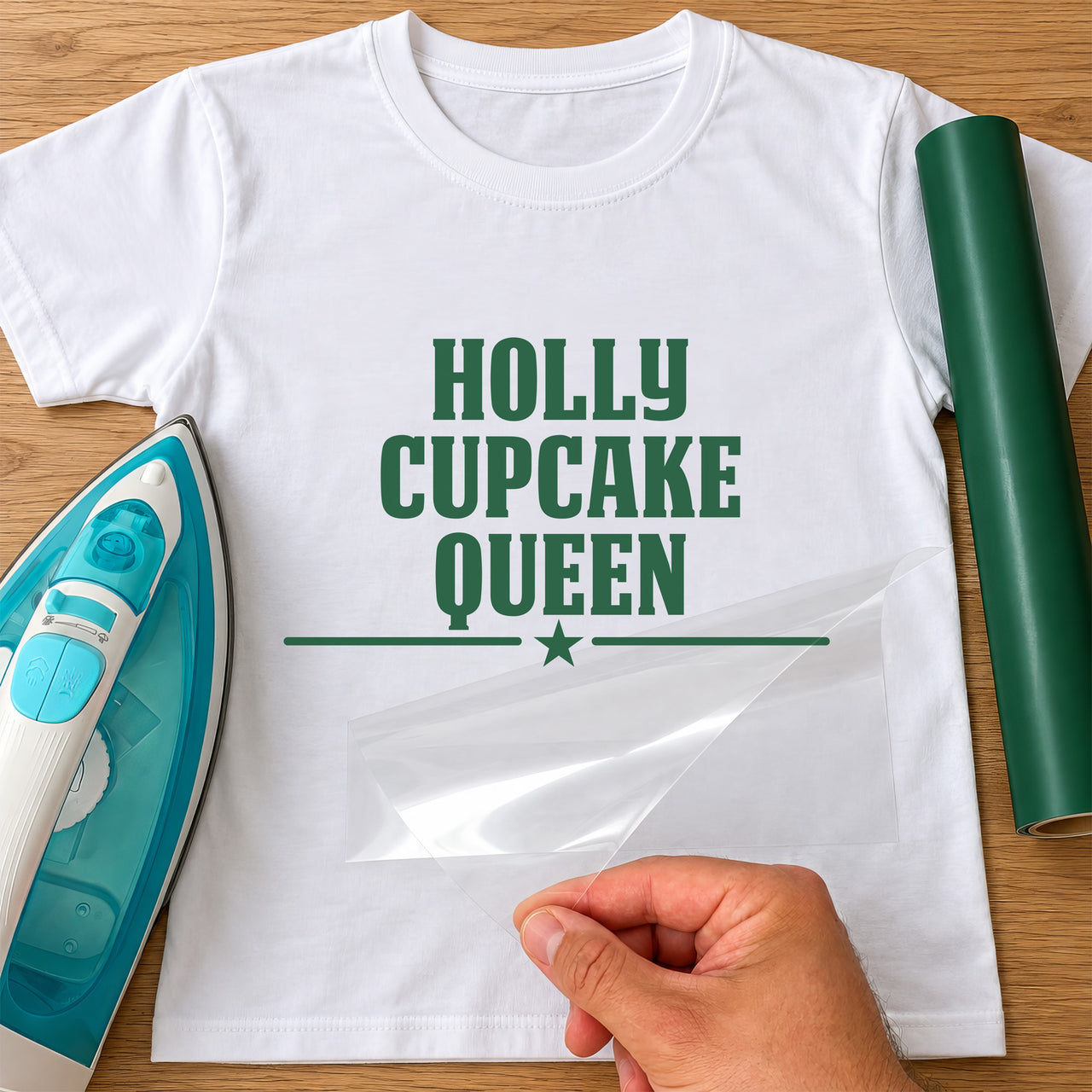 Cupcake Queen iron-on transfer: green HOLLY CUPCAKE QUEEN with a star on a white T-shirt, film being peeled