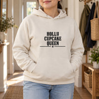 Cupcake Queen Iron-On Transfer - Personalised Name Baking Design, shown on a natural hoodie