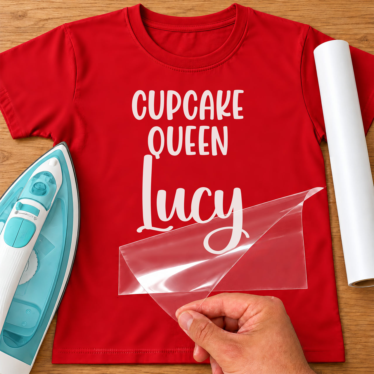 Red T-shirt mockup with white vinyl 'Cupcake Queen' and the script name 'Lucy', clear carrier being peeled off