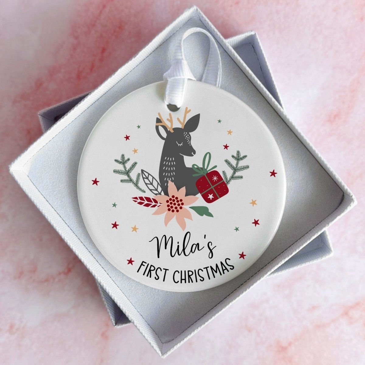 Custom Baby's 1st Christmas Bauble - Reindeer Keepsake - Newborn Gift - DENMARY